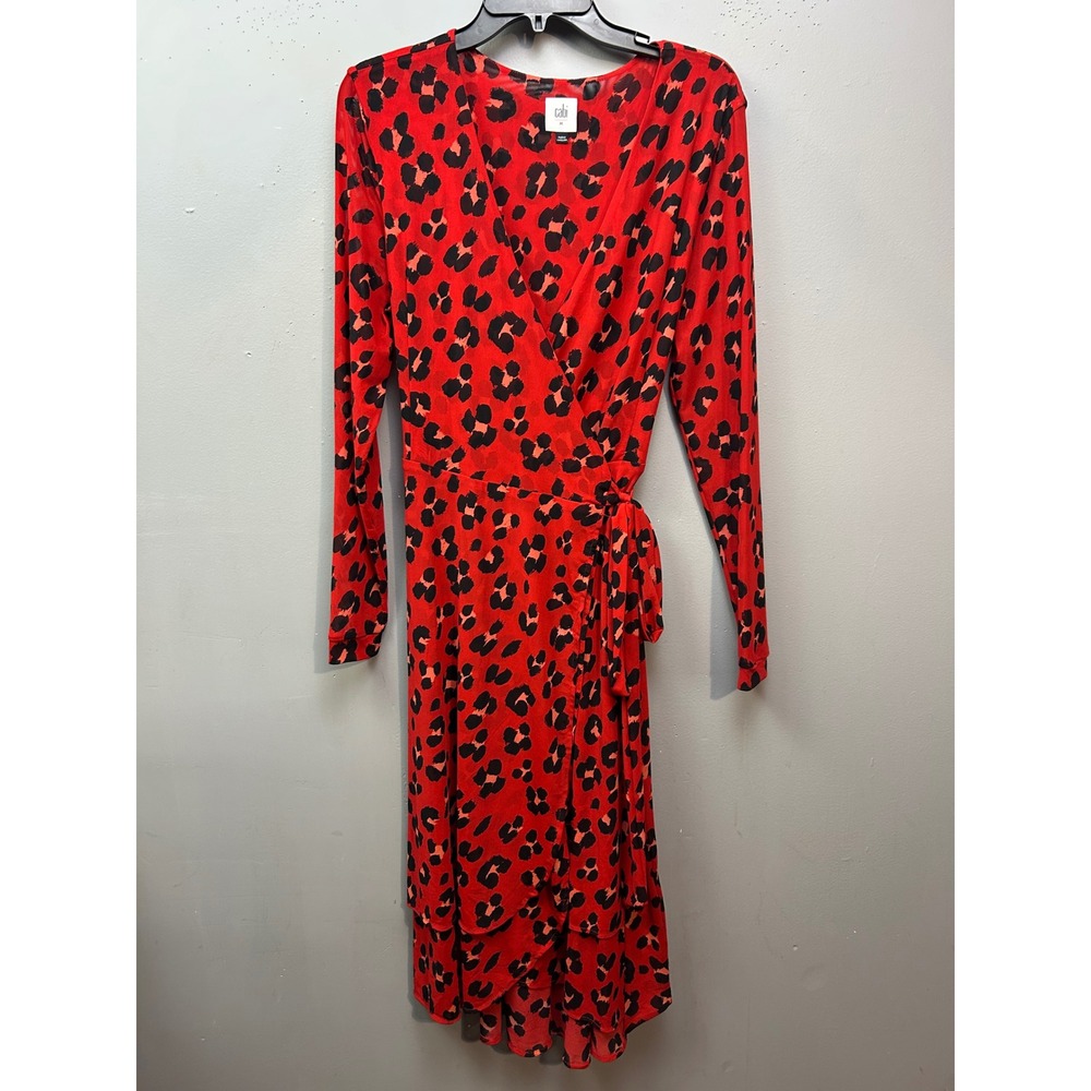 Cabi Dress Womens Medium Red Leopard Print Wrap Long Sleeve Ruffle High Low Mesh